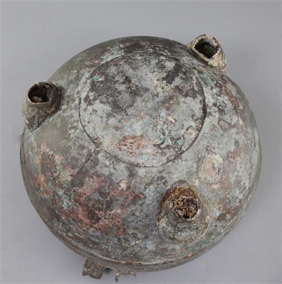 A Chinese archaic bronze ritual food vessel cover from a Dui, Eastern Zhou dynasty/Spring & Autumn period, 5th - 4th century B.C.,